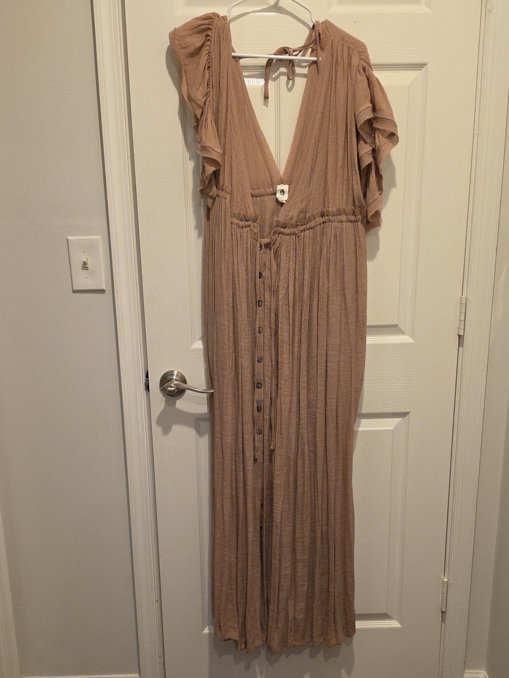 Women’s Taupe Maxi Button-Front Dress with Ruffle Sleeves
